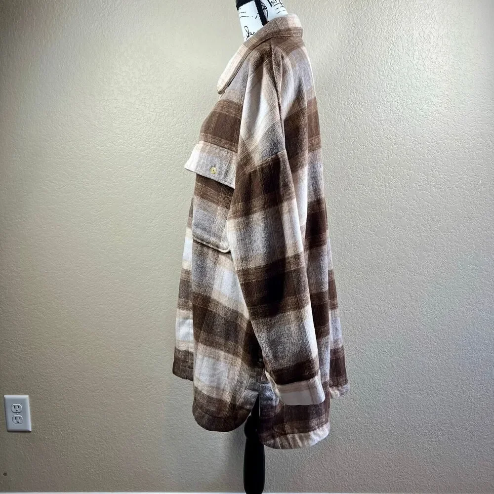Banana Republic Brown Brushed Flannel Plaid Jacket Shacket  baddie size XXL